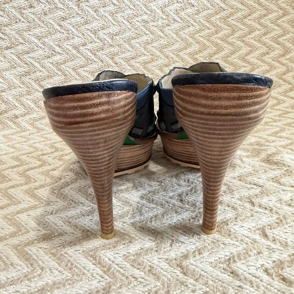 Lisa for Donald J Pliner Ivory Blue Platform Studded Heels Peep Toe Boho